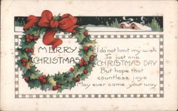 Merry Christmas Wreath with Holly, Berries, and Snowy House Postcard
