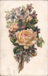 Bouquet of Pink and Yellow Roses and Purple Flowers Postcard