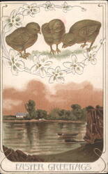 Easter Greetings with Chicks and Floral Wreath, Lake and Sunrise Landscape Postcard