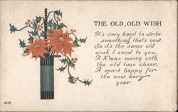 Christmas Greeting with Poinsettias and Holly, 'The Old, Old Wish' Poem Postcard