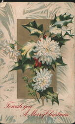 Merry Christmas Holly & Chrysanthemums Floral Greeting Postcard
