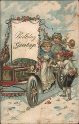 Birthday Greetings with Children in Costumes and Antique Car Postcard