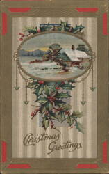 Christmas Greetings Watermill Winter Scene with Holly Berries Postcard