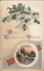 Best Christmas Wishes, Holly, Horseshoes, Winter Scene Postcard