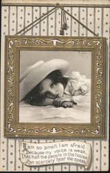 Child in Large Hat with Poem, Ornate Frame, 'I am so small, I am afraid' Postcard