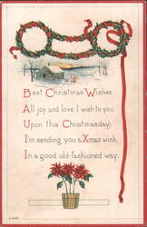Best Christmas Wishes, Winter Scene with House, Holly Wreath, Poinsettias Postcard