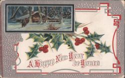 Happy New Year Greeting with Snowy Cabin and Holly Postcard