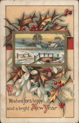 New Year's Winter Scene with Holly & Snowdrops Greeting Postcard
