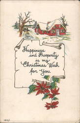Christmas Wish for You, Snowy House & Poinsettias Greeting Postcard