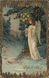 Angel with Christmas Tree in Snowy Landscape, Christmas Greetings Postcard