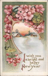 New Year's Greeting with Pink Flowers & Wishbone Winter Scene Postcard