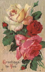 Colorful Roses Bouquet with 'Greetings to You' Text Postcard