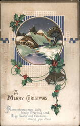 Merry Christmas Winter Mill Scene with Holly and Bells Postcard