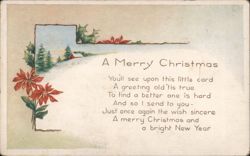 "A Merry Christmas" Greeting with Poinsettias, Holly, and Winter Scene Postcard