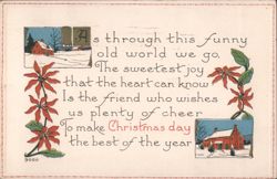 Christmas Greeting with Winter Scene, Houses, and Poinsettias Postcard