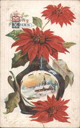 Merry Christmas Poinsettias with Winter Village Scene in Decorative Vase Postcard
