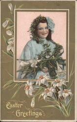 Young Girl with Flower Wreath and Lilies, Easter Greetings Postcard