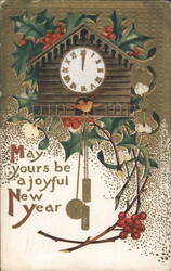 New Year's Cuckoo Clock with Holly and Berries Greeting Postcard