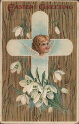 Easter Greeting with Angel, Cross, and Snowdrop Flowers Postcard