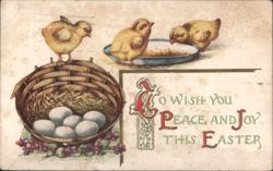 Easter Greeting with Yellow Chicks, Eggs in Basket, and Purple Flowers Postcard