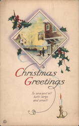 Christmas Greetings Snowy Village Harbor Scene with Holly and Candle Postcard