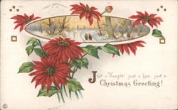 Poinsettias Frame Snowy Winter Scene, Christmas Greeting Postcard