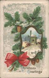 Christmas Greetings with Winter Windmill Scene and Pine Branches Postcard