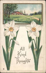 Daffodils with 'All Kind Thoughts' and Idyllic Landscape Scene Postcard