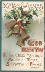 Xmas Wishes God Bless You Holly Berries Bells Icicles Dickens Quote Postcard