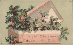 A Bright Christmas Holly and Mistletoe in Pink Box Greeting Postcard