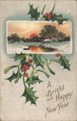 Bright & Happy New Year Holly Mistletoe Winter Sunset Hartford CT 1908 Postcard