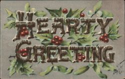 HEARTY GREETING with Holly and Mistletoe Postcard