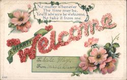 Welcome in Flowers with Friendly Verse and Ribbon Greeting Postcard