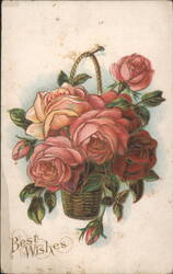 Basket of Pink and Red Roses with Best Wishes Postcard