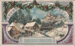 Snowy Winter Village with Holly Arch, Christmas Greeting Postcard