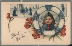 Child in Sailor Hat Framed by Life Preserver, Nautical Scene, Best Wishes Postcard