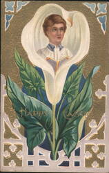 Happy Easter Calla Lily with Boy's Head, Art Nouveau Style Postcard