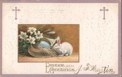 Easter Greetings with White Bunny, Lilies, and Egg Postcard