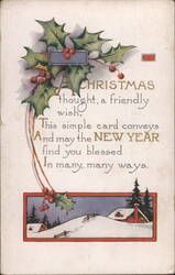 Christmas & New Year's Greeting with Holly & Winter Scene Postcard