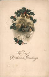 Hearty Christmas Greetings with Holly, Bells, and Snowy Village Church Postcard