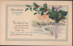 Christmas Greetings with Holly, Poem, and Snowy Village Scene Postcard
