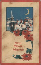 New Year Wishes with Snow-Covered Village, Crescent Moon, and Red Flowers Postcard