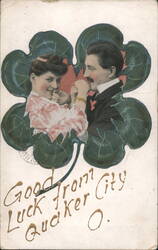 Couple in Four-Leaf Clover, Good Luck from Quaker City, OH 1908 Postcard