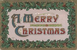 Merry Christmas Greeting with Holly and Berries Border Postcard