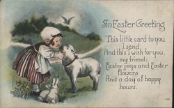 Easter Greeting: Girl with Lamb, Bunny, and Poem Postcard