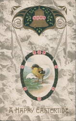 A Happy Eastertide Greeting with Yellow Bird, Bell, and Roses Postcard