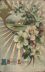 Happy Easter Greeting with White Flowers and Rural House Scene Postcard