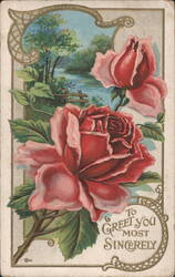 Red Roses with Scenic River Landscape, Sincere Greeting Postcard
