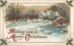 Wishing you a Merry Christmas, Snowy Winter Scene with House Postcard