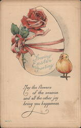 Easter Egg with Red Rose and Ribbon, Yellow Chick, Loving Easter Greeting Postcard